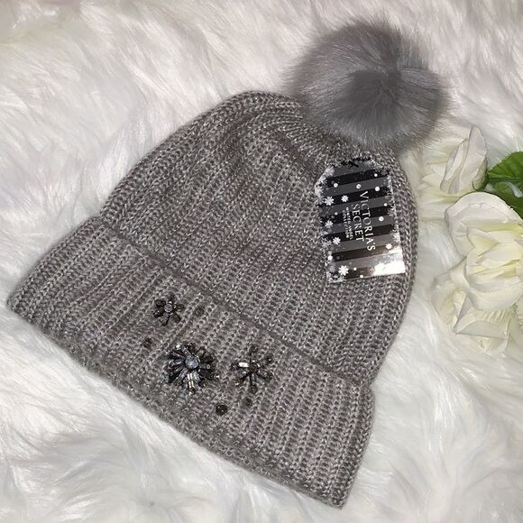 Victoria’s Secret Gray Pom Pom Rhinestone Winter Hat